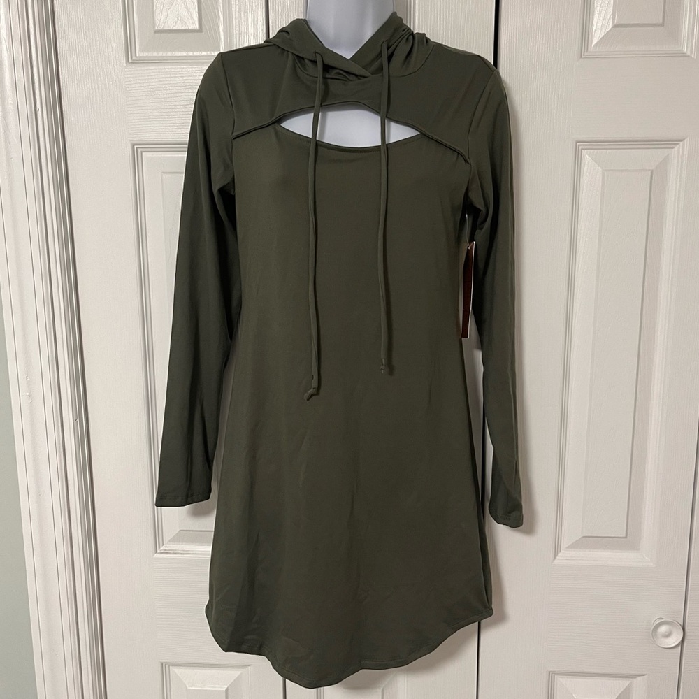 NWT Almost Famous Olive Green Cut Out Long Sleeve Hoodie Mini Dress